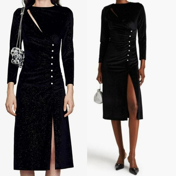 Sandro Black Crystal Rhinestone Buttons Sparkly Velvet Midi Dress Fall Gothic - Picture 1 of 12